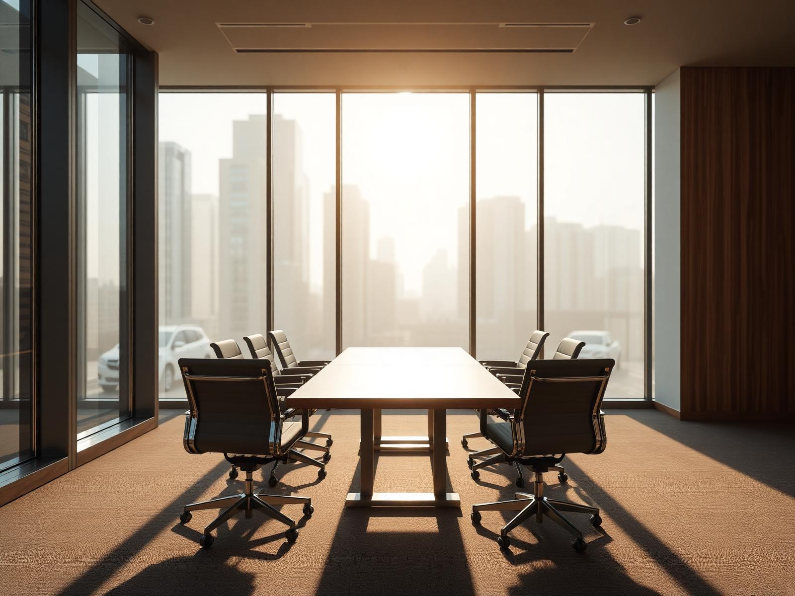 A quiet meeting room bathed in warm afternoon light